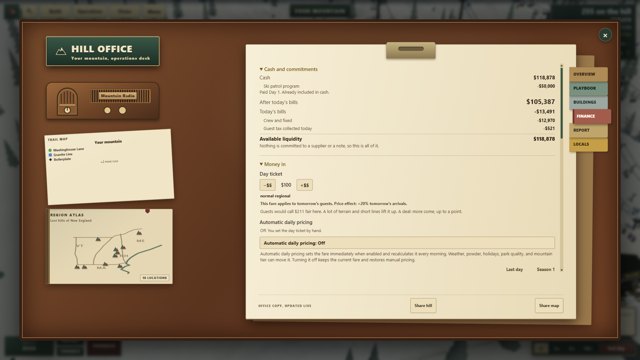 The finance page with cash commitments, daily bills, and ticket pricing